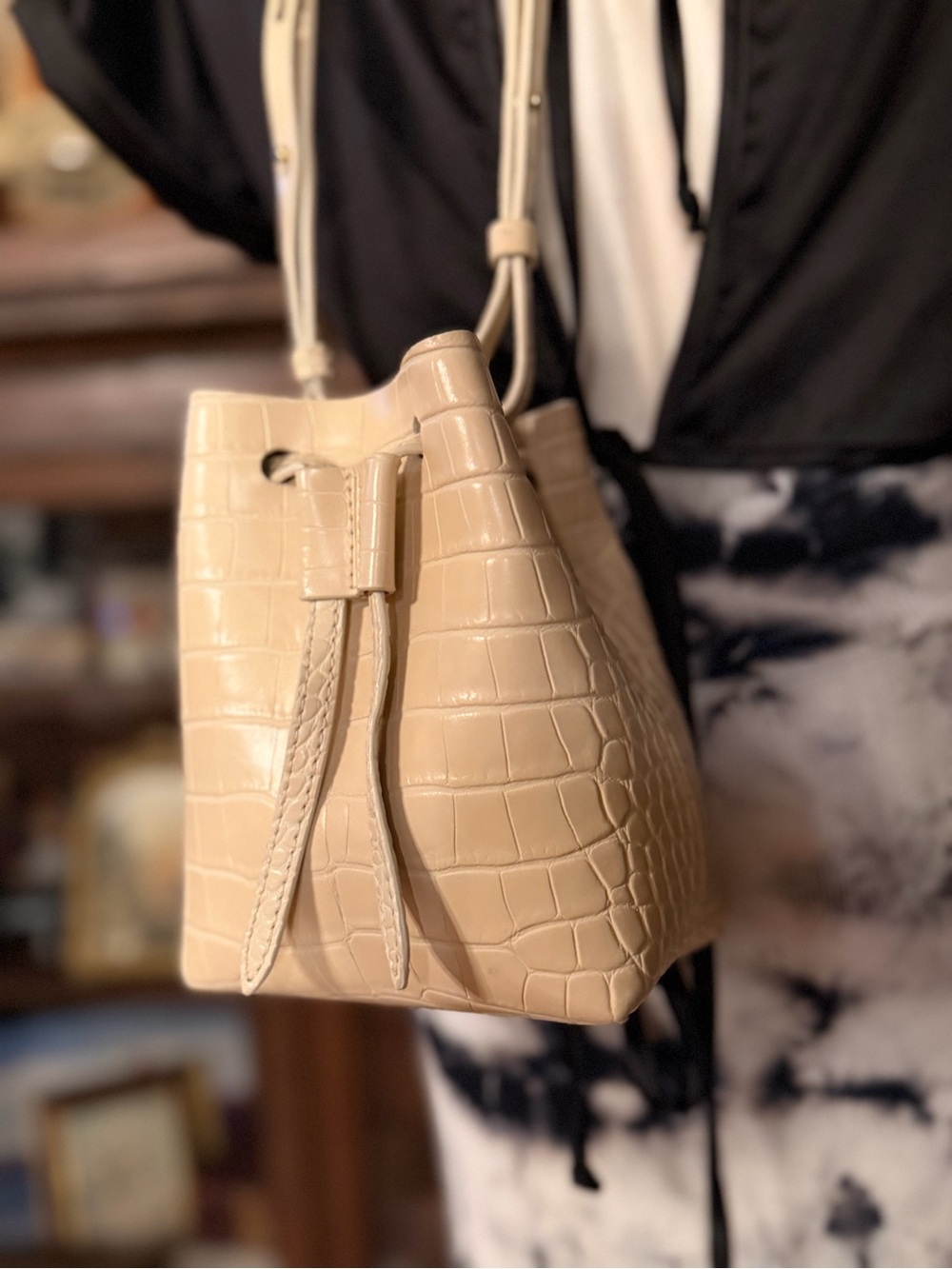 Nanushka - Beige Croc Embossed Faux Leather Mini Bucket Bag
